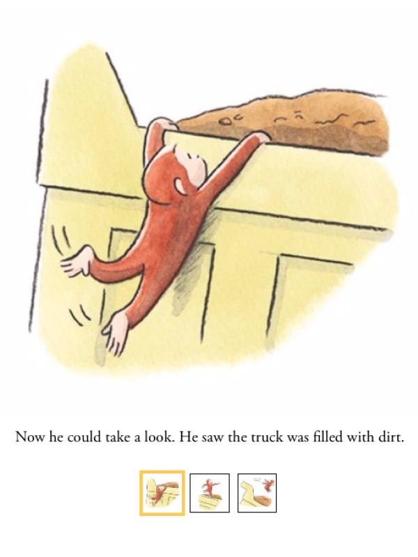 Curious monkey hanging onto the edge of a yellow truck bed filled with dirt.