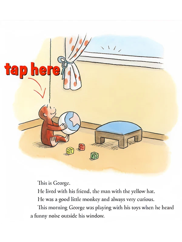 Illustration of a monkey named George sitting on the floor holding a ball, with toys scattered around and a window above. Text introduces George as a curious monkey playing with toys when he hears a funny noise outside.