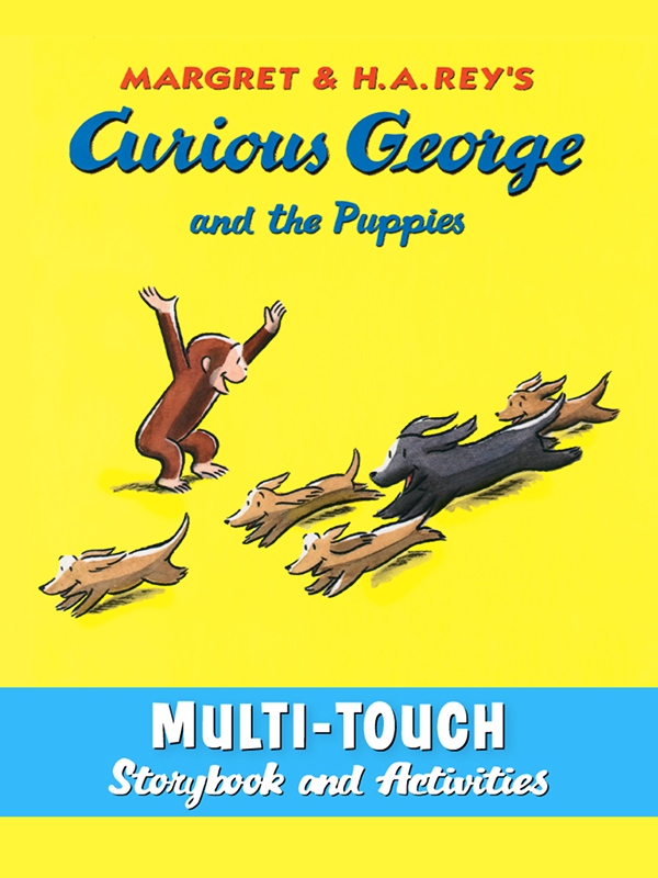 Cover of Curious George and the Puppies storybook showing Curious George with five puppies against a yellow background, with text about multi-touch storybook and activities.