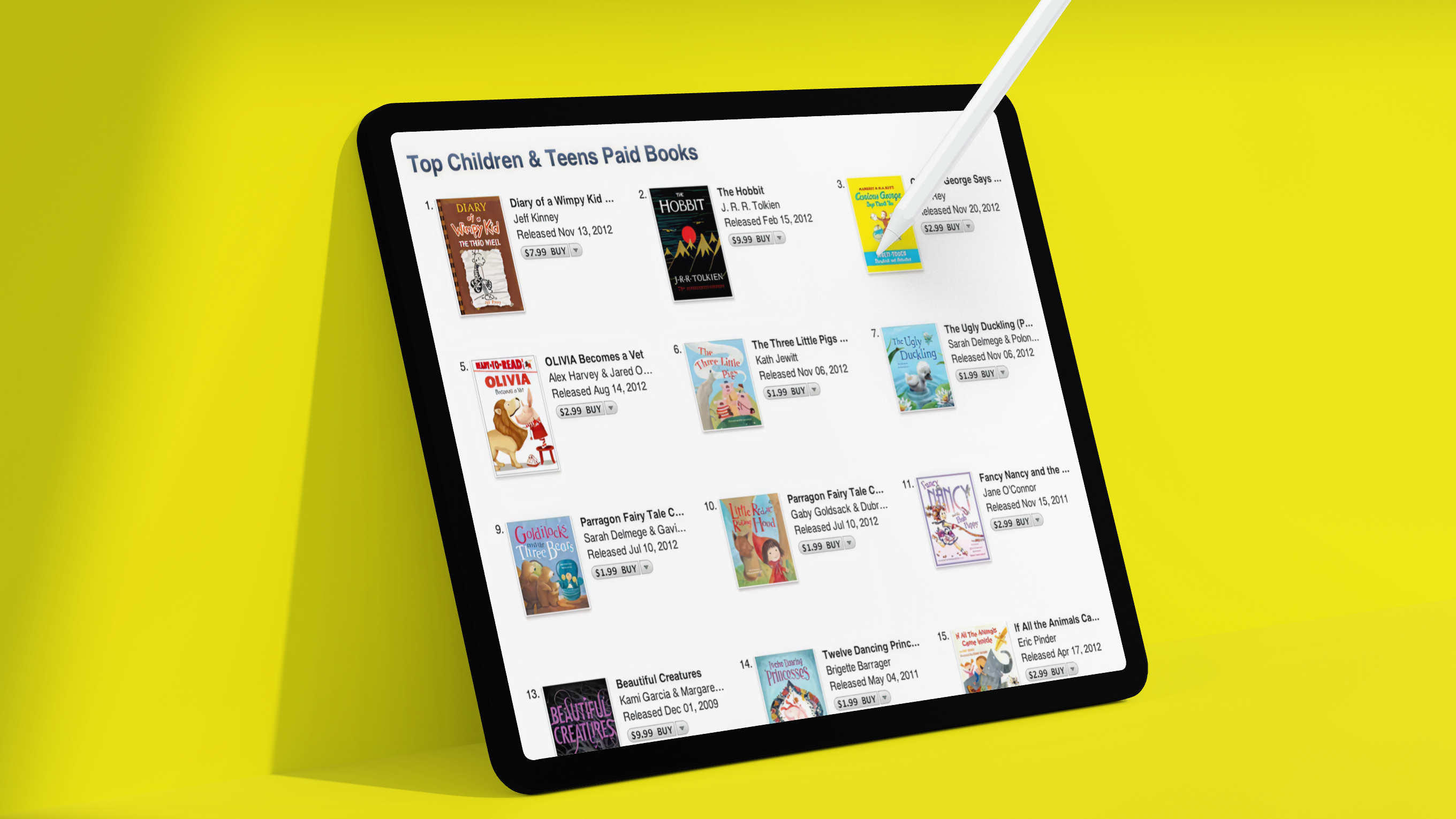 Tablet screen showing a list of top children and teens paid books with cover images, titles, authors, release dates, and prices.