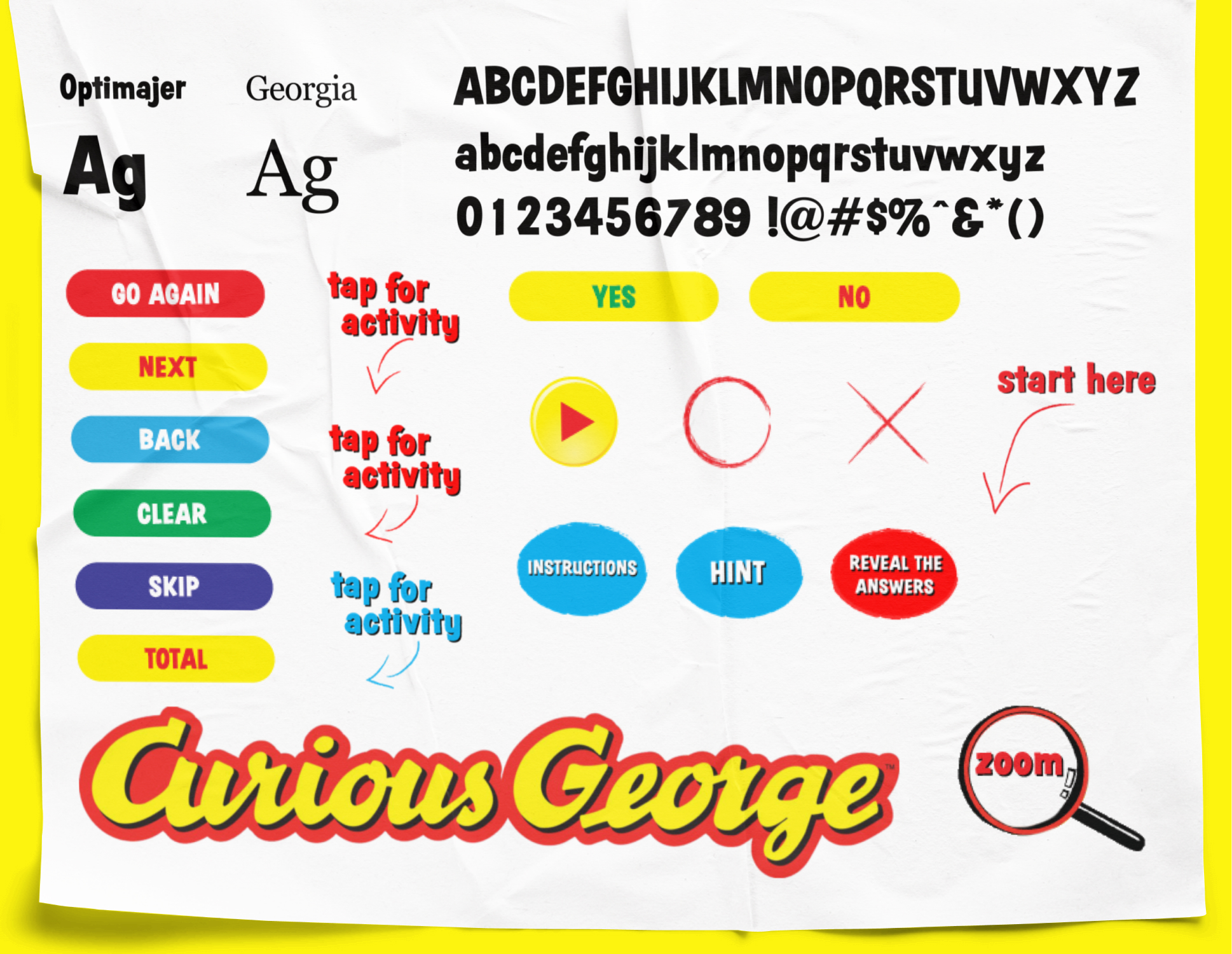 Curious George themed user interface displaying font samples, alphabet, numbers, symbols, colored buttons labeled with navigation options, and interactive prompts.