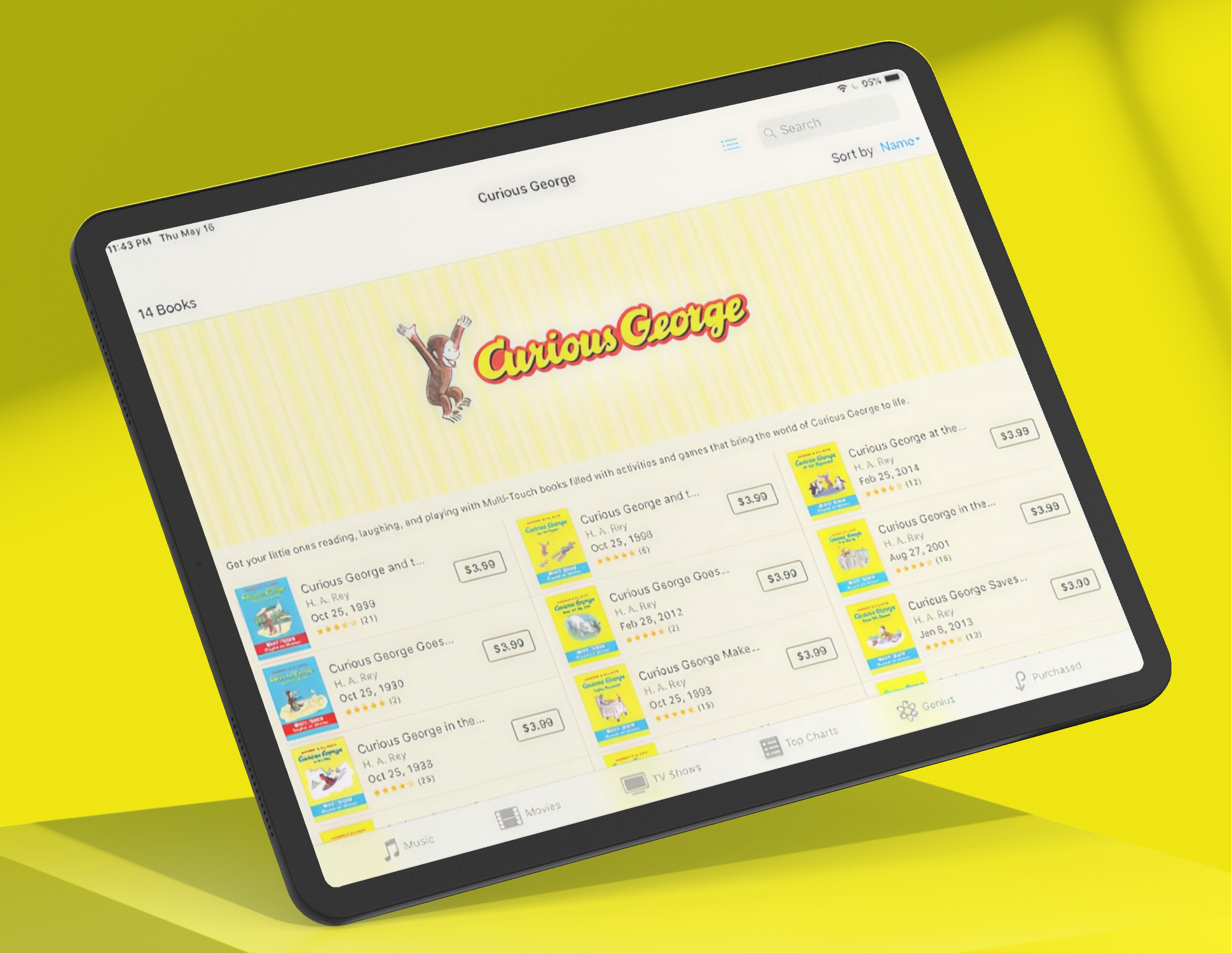 Tablet screen showing a digital bookstore page for Curious George books with cover images, prices, and ratings against a yellow background.