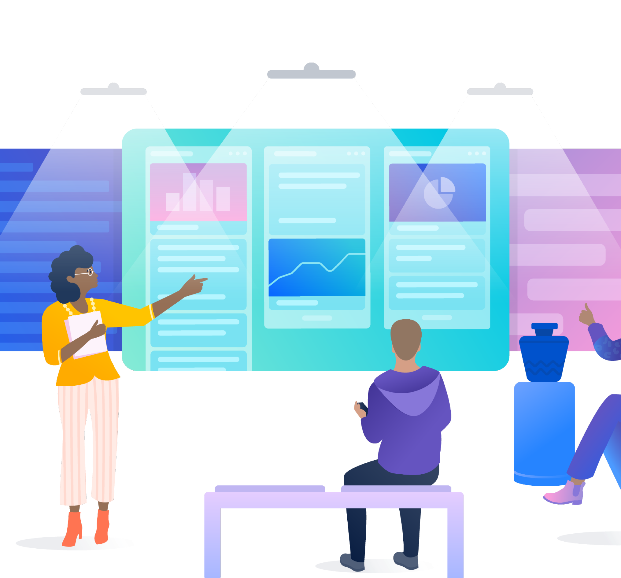 Woman in yellow pointing at digital dashboard with charts while a man in purple hoodie sits on a bench facing it.