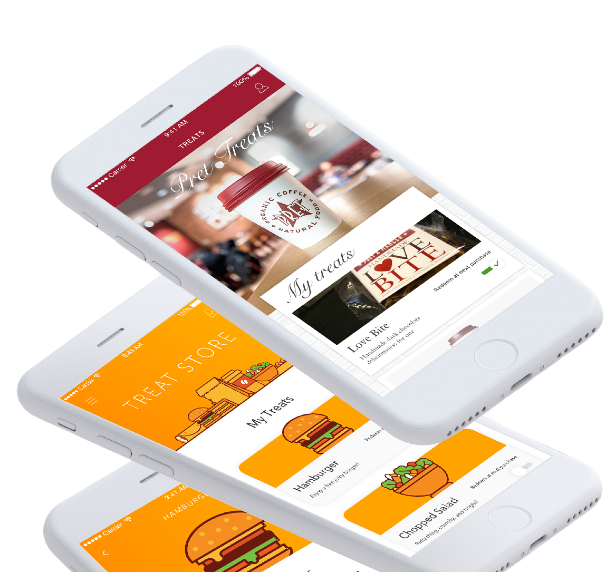 Three white smartphones displaying a treat store app with sections for coffee, snacks, hamburgers, and salads, shown at an angle.