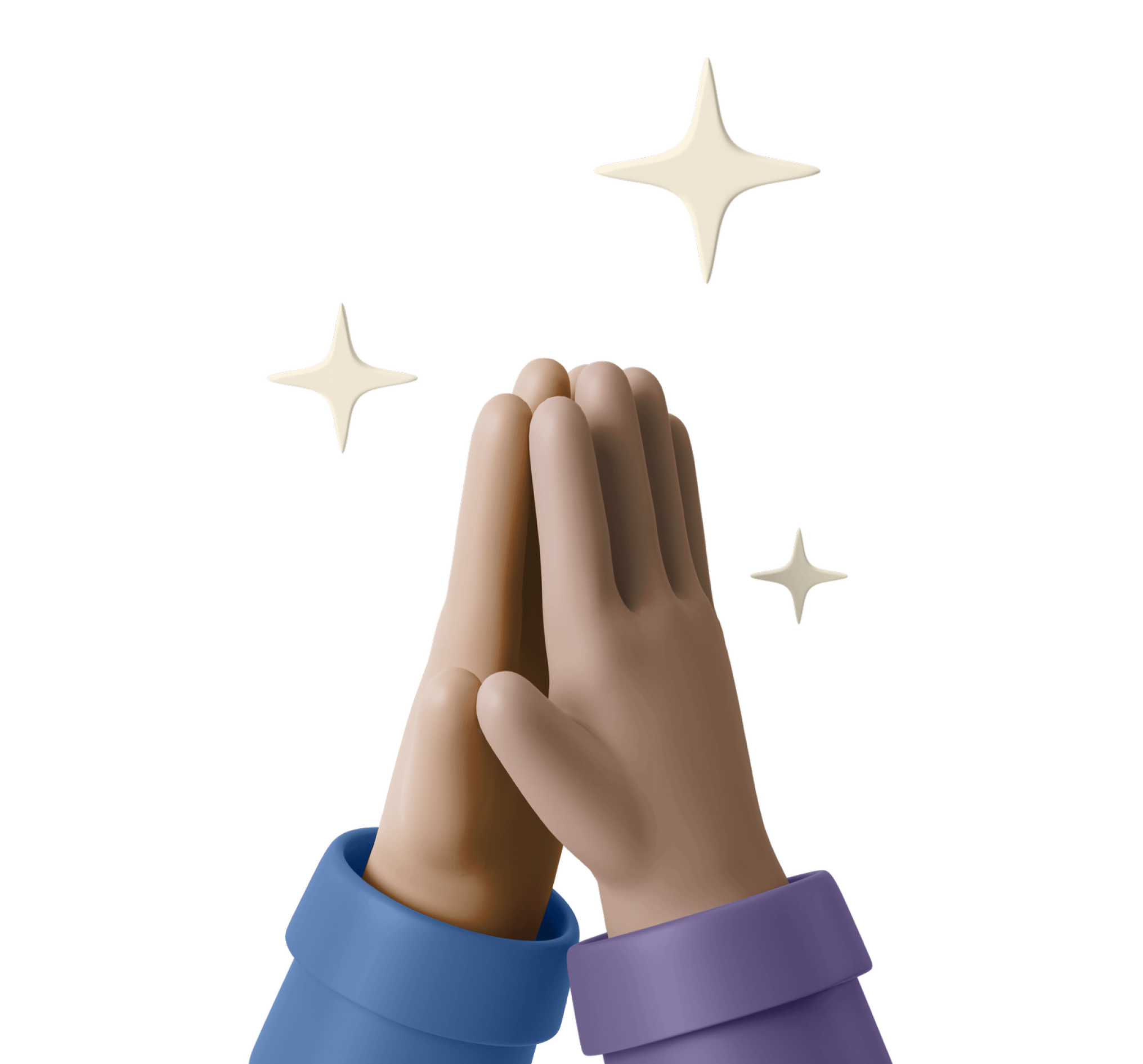 Two hands with different skin tones pressed together in a praying gesture with sparkles around.