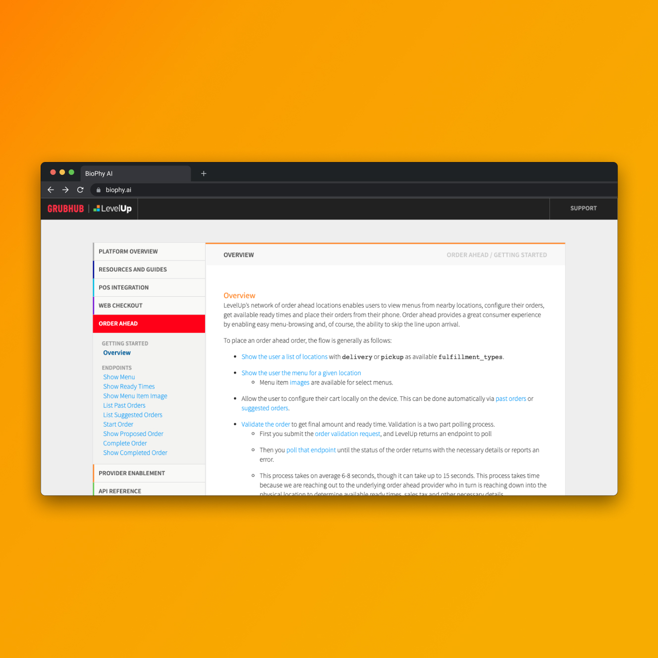 Screenshot of Grubhub LevelUp platform's Order Ahead overview page with a sidebar menu and detailed instructions on order flow.