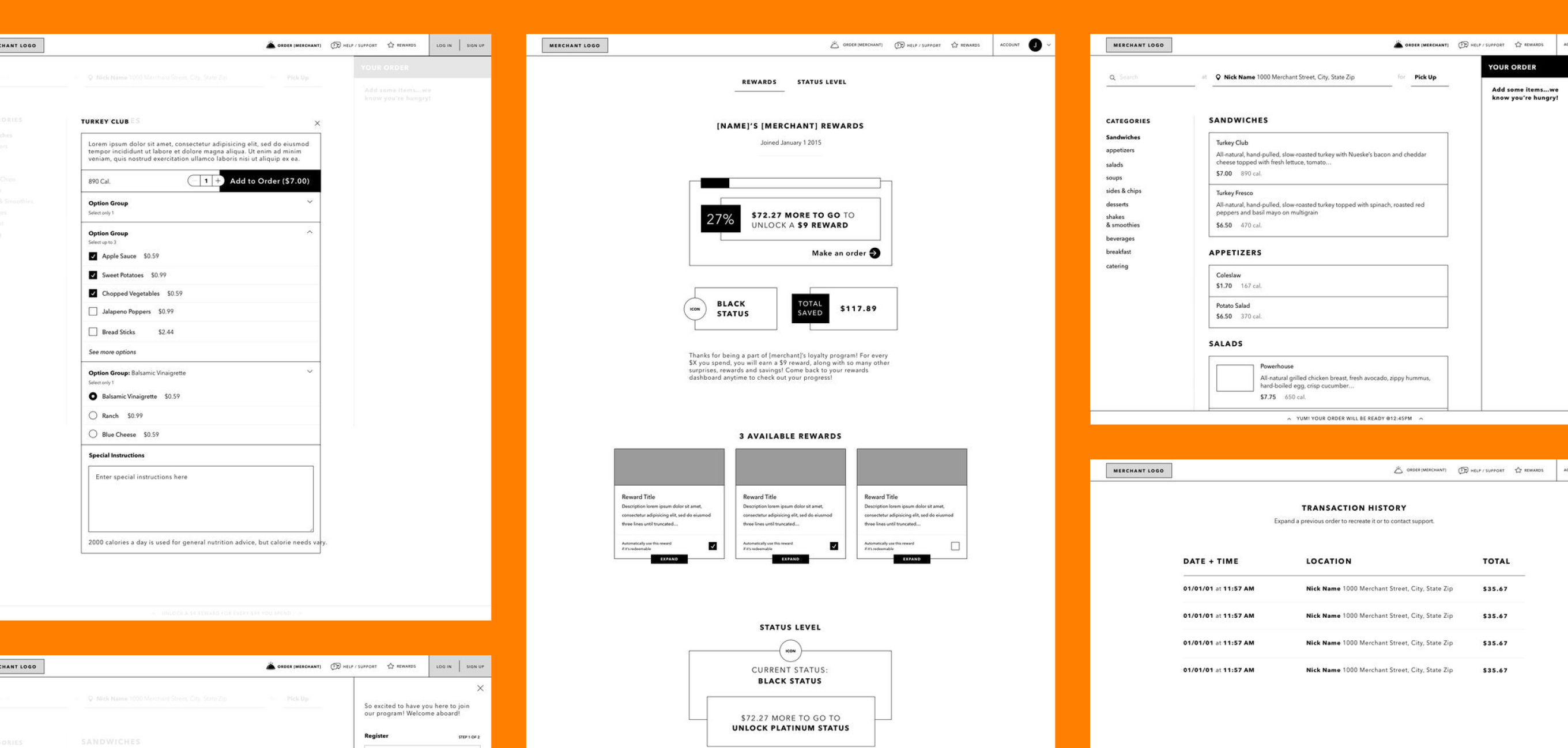 User interface screens showing options for ordering sandwiches with add-ons, a rewards dashboard with progress bar and available rewards, sandwich menu with categories and order summary, and transaction history with dates, locations, and totals.