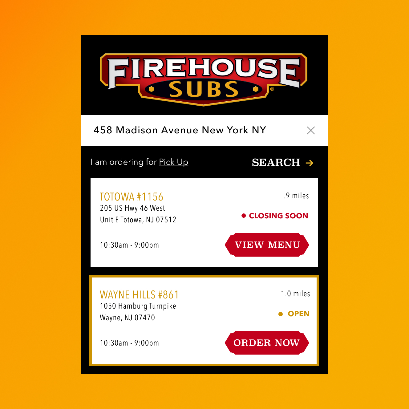 Firehouse Subs store locator showing two locations near 458 Madison Avenue, New York: Totowa #1156, closing soon, and Wayne Hills #861, open with option to order now.