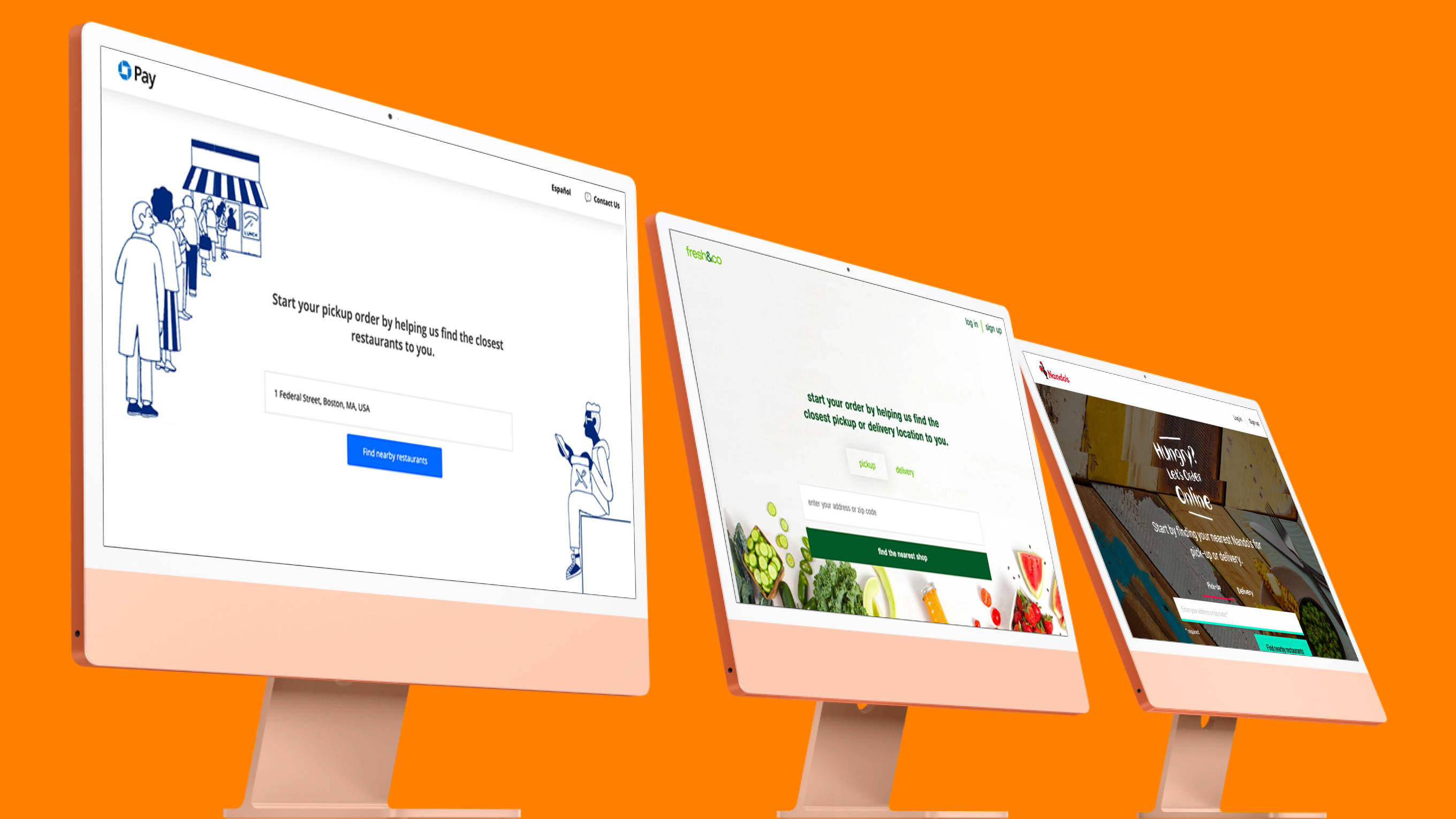 Three computer monitors displaying different food pickup and delivery websites against an orange background.