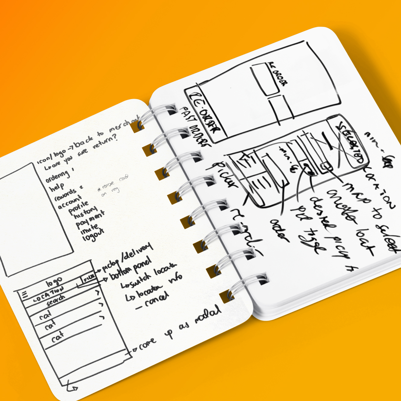 Open spiral notebook with black ink wireframe sketches and handwritten notes on a yellow background.