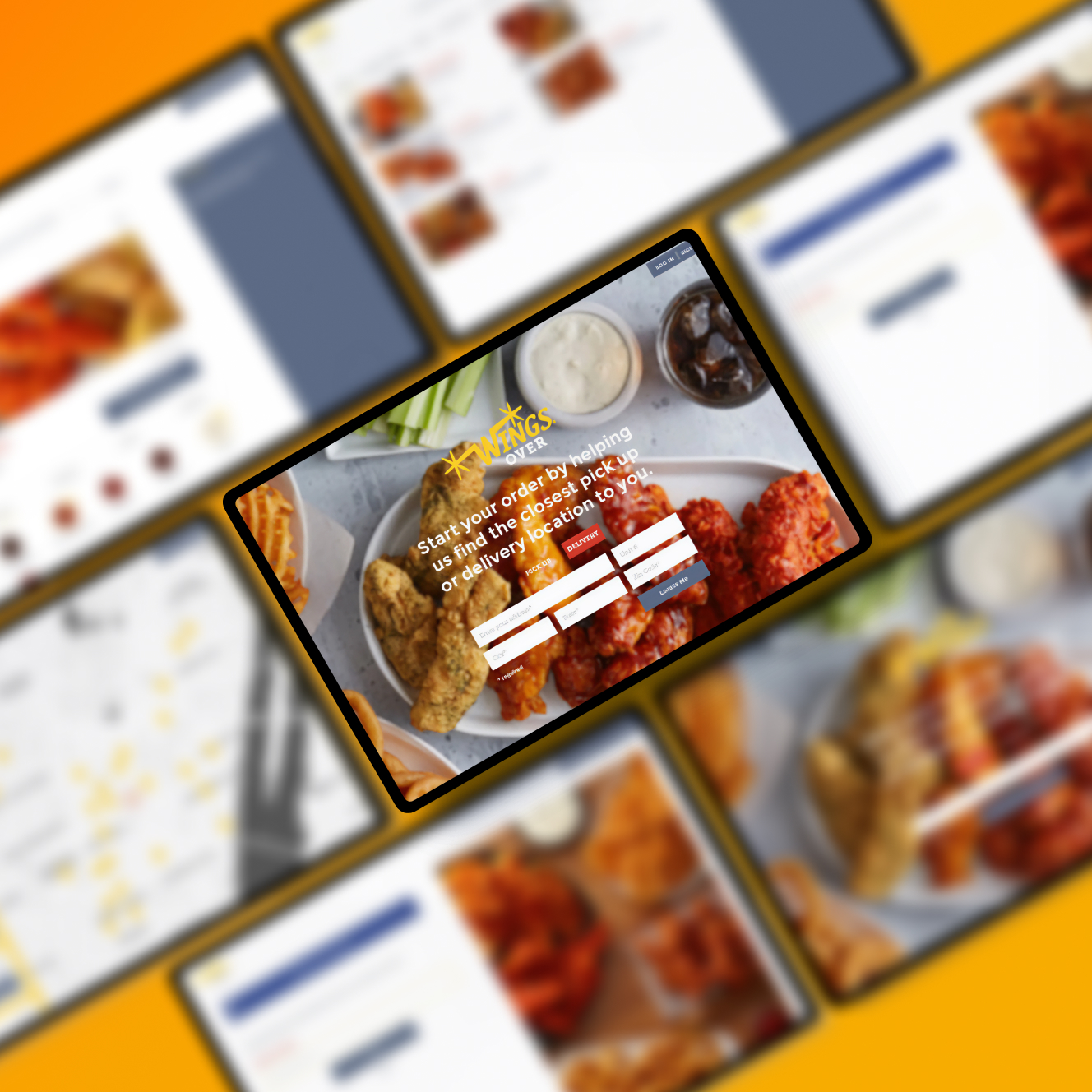 Tablet displaying Wings Over online order page with chicken wings, celery, dipping sauce, and soda background.