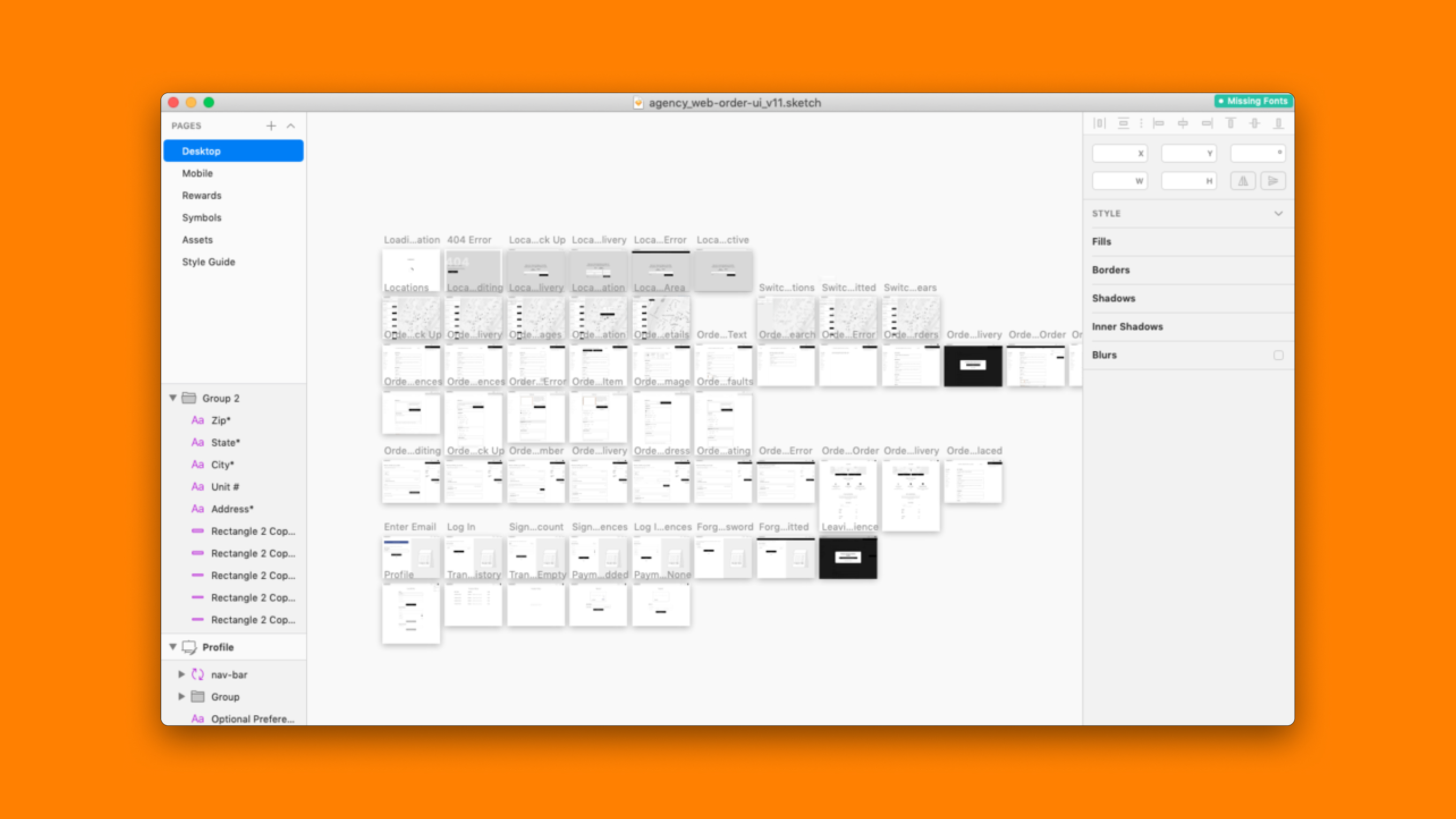 User interface design file open in Sketch showing a project with multiple artboards and layers named Desktop, Mobile, Rewards, Symbols, Assets, and Style Guide on an orange background.