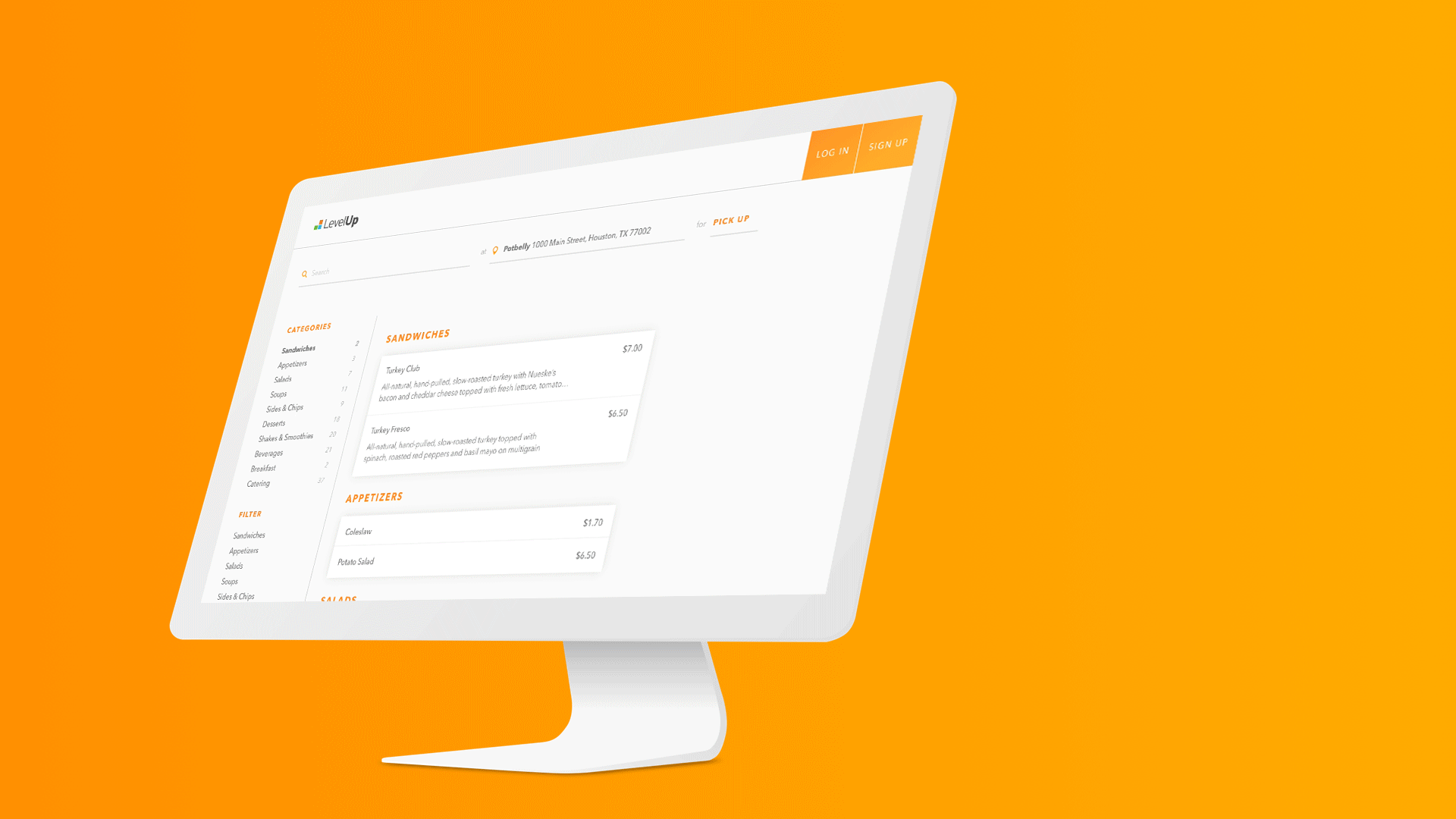 Desktop computer screen displaying a restaurant online order menu with sandwich and appetizer options on a bright orange background.