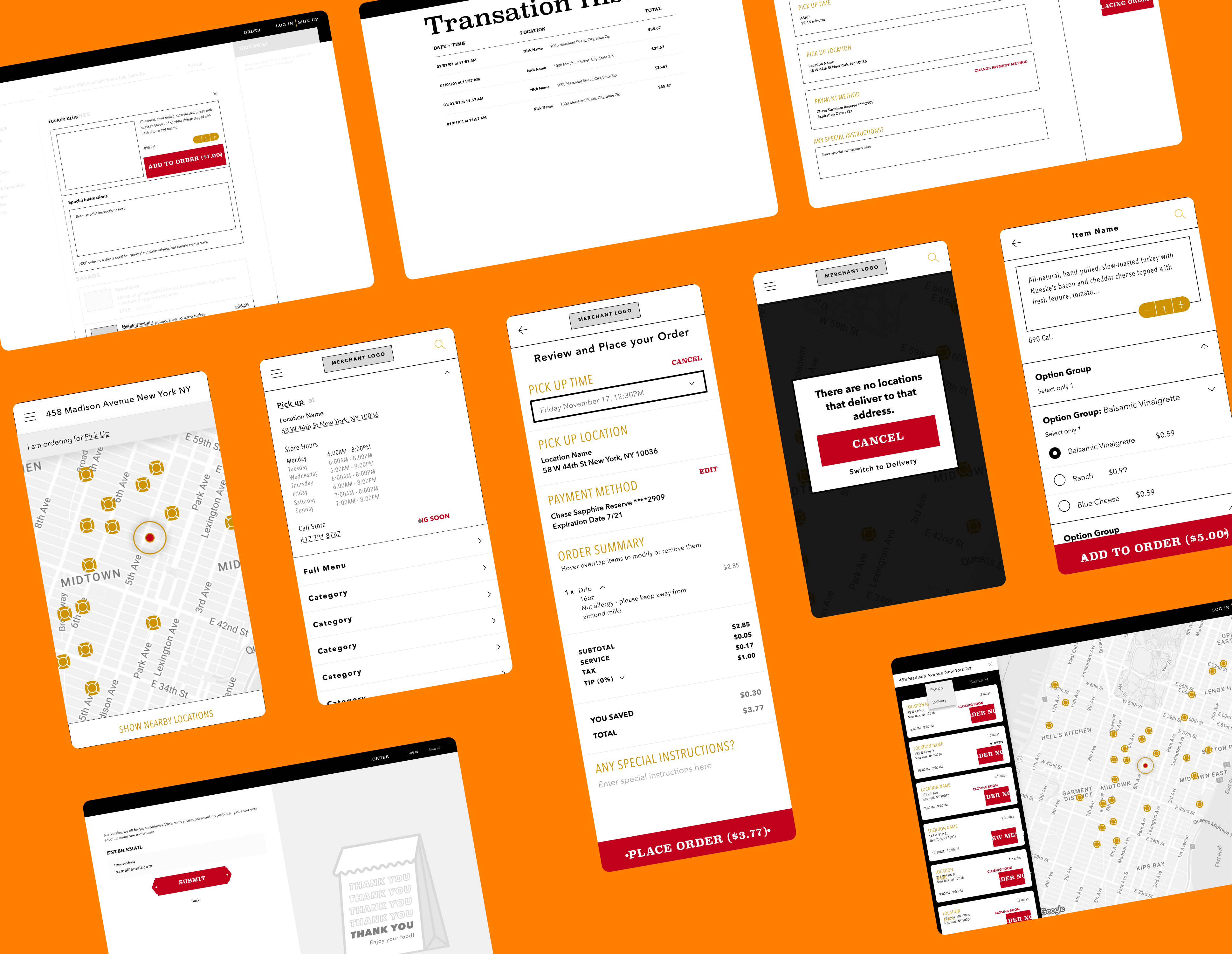 Collage of various food ordering app screens including maps of locations, menu item customization, order review, transaction history, and notification of no delivery locations.