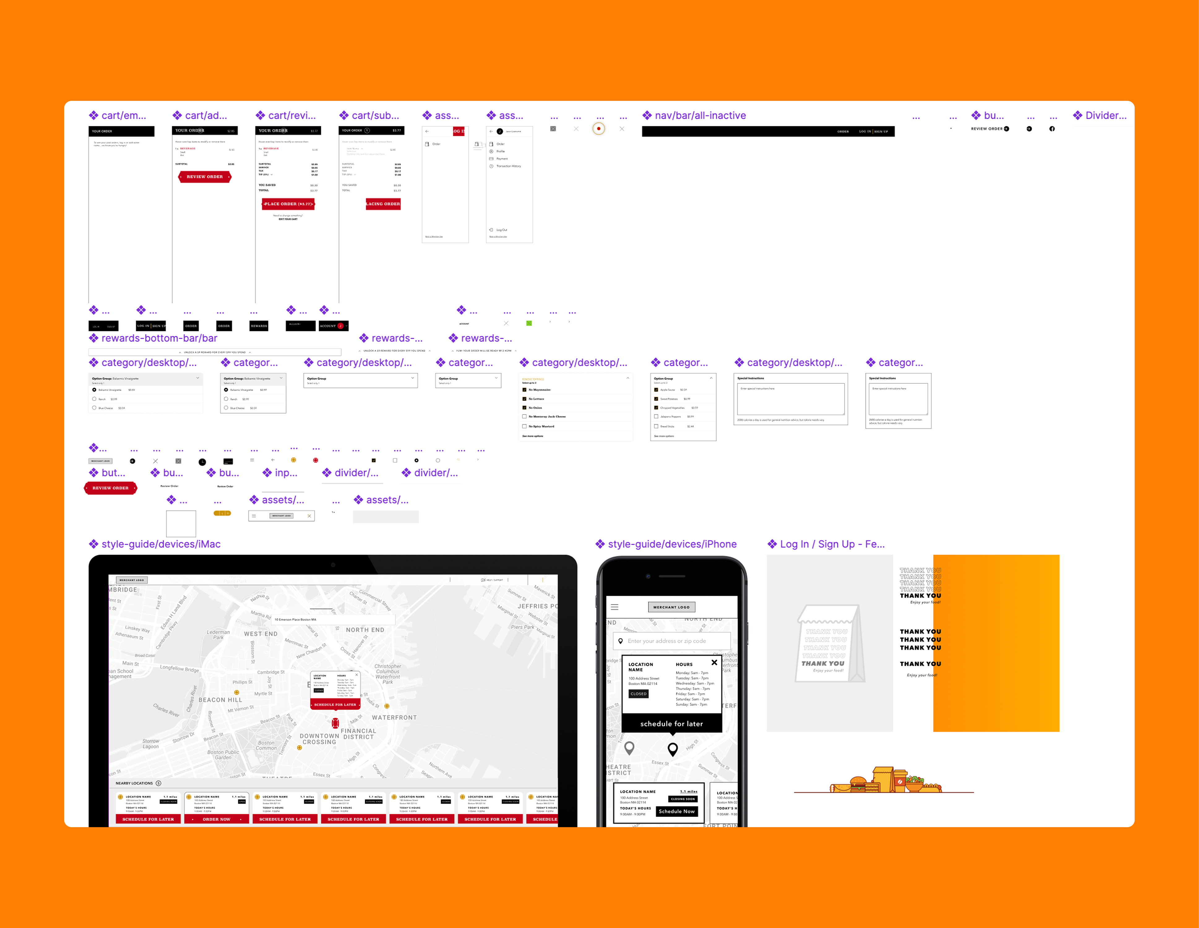 User interface design mockups displayed on a desktop and mobile screen with a city map and order scheduling options, set against an orange background.