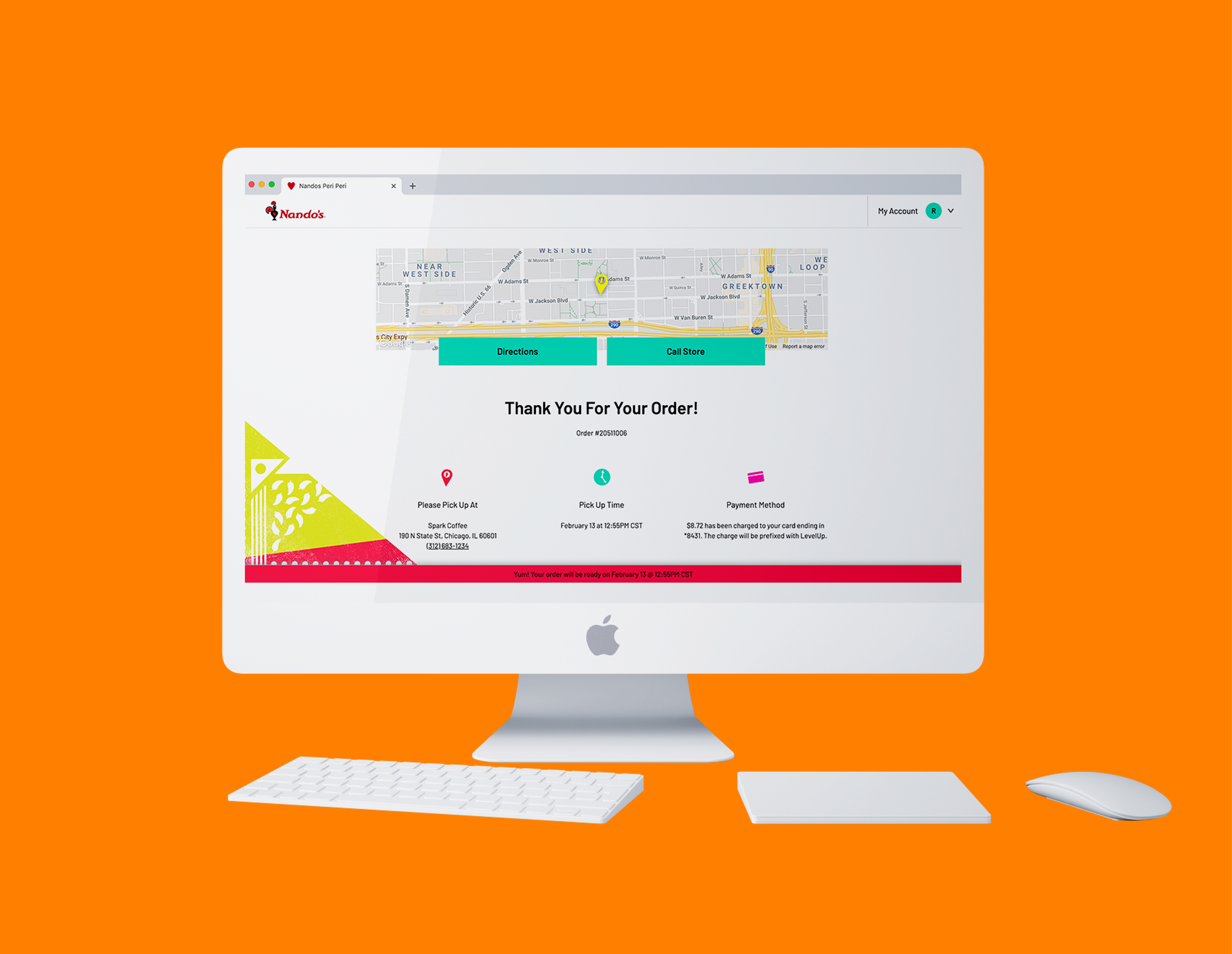 Apple iMac showing a Nando's order confirmation page with pick-up location, time, and payment details on an orange background.