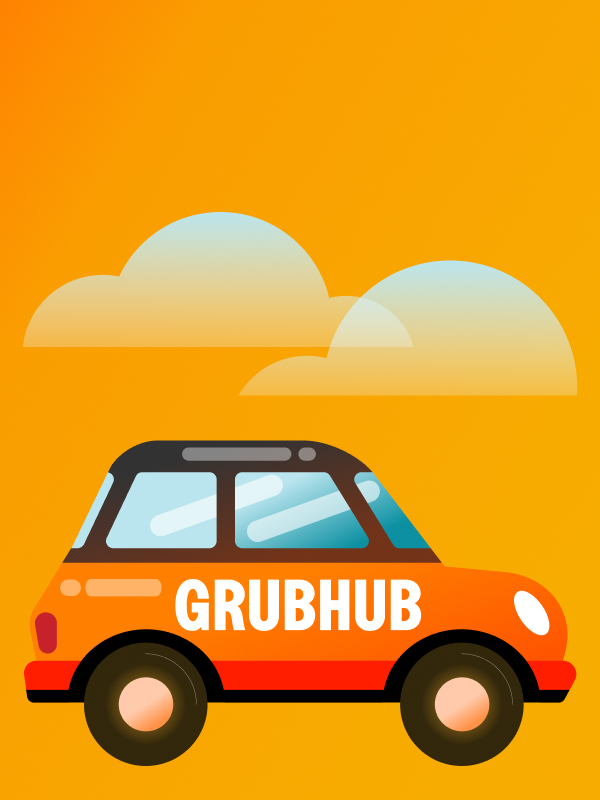 Illustration of an orange delivery car with 'GRUBHUB' written on the side against an orange background with two stylized clouds.