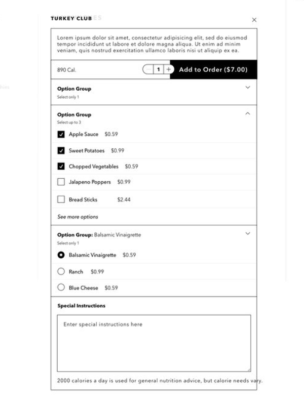 Food order screen for Turkey Club sandwich with quantity selector, add to order button showing $7.00, multiple option groups for sides and dressings with prices, and a special instructions text box.