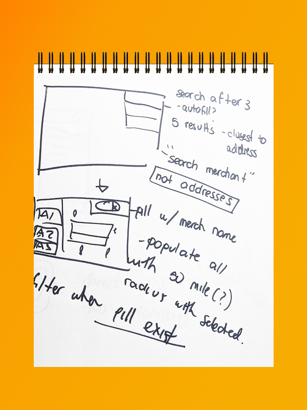 Handwritten notes and sketches on a spiral notebook page showing UI wireframes and annotations about search results, autofill, merchant names, and radius filtering.