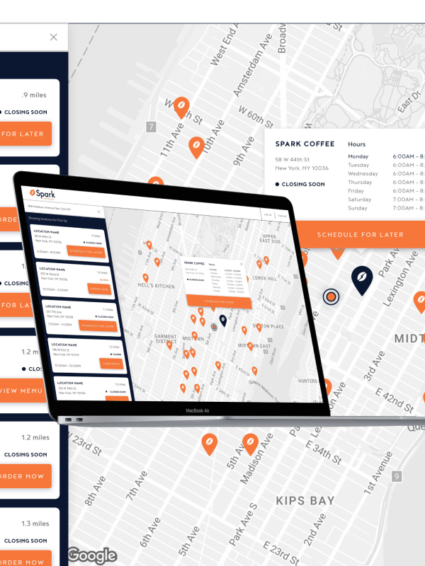 Laptop screen showing a map of New York City with multiple orange and one blue location pins for Spark Coffee locations and a sidebar listing store details with options to order or schedule for later.