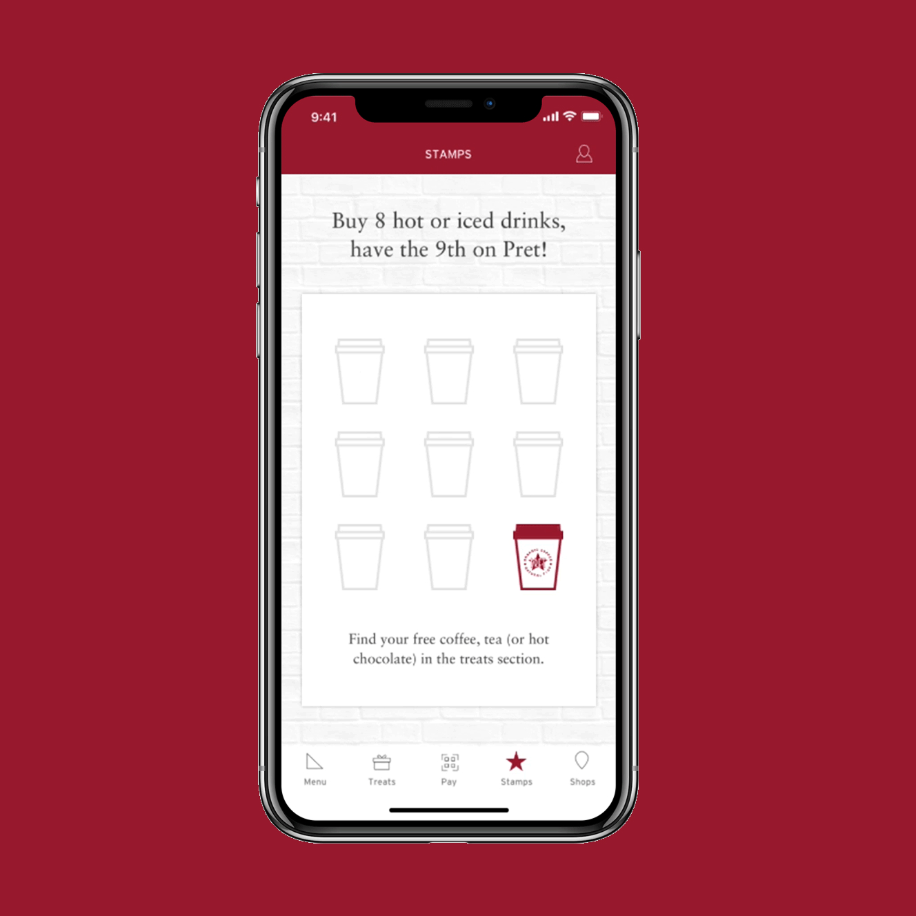 Mobile app screen showing a stamp card with eight greyed-out coffee cups and one colored cup for a free drink after buying eight hot or iced drinks.