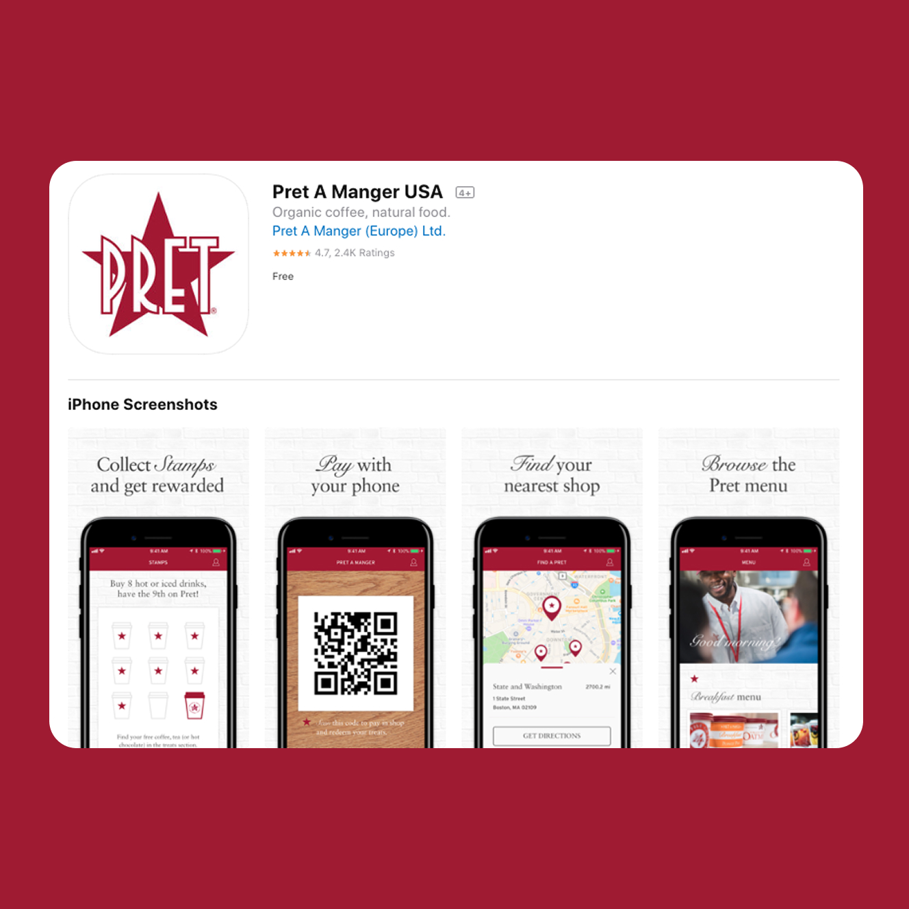 Pret A Manger USA app page showing features: collect stamps for rewards, pay with phone via QR code, find nearest shop on map, and browse menu.