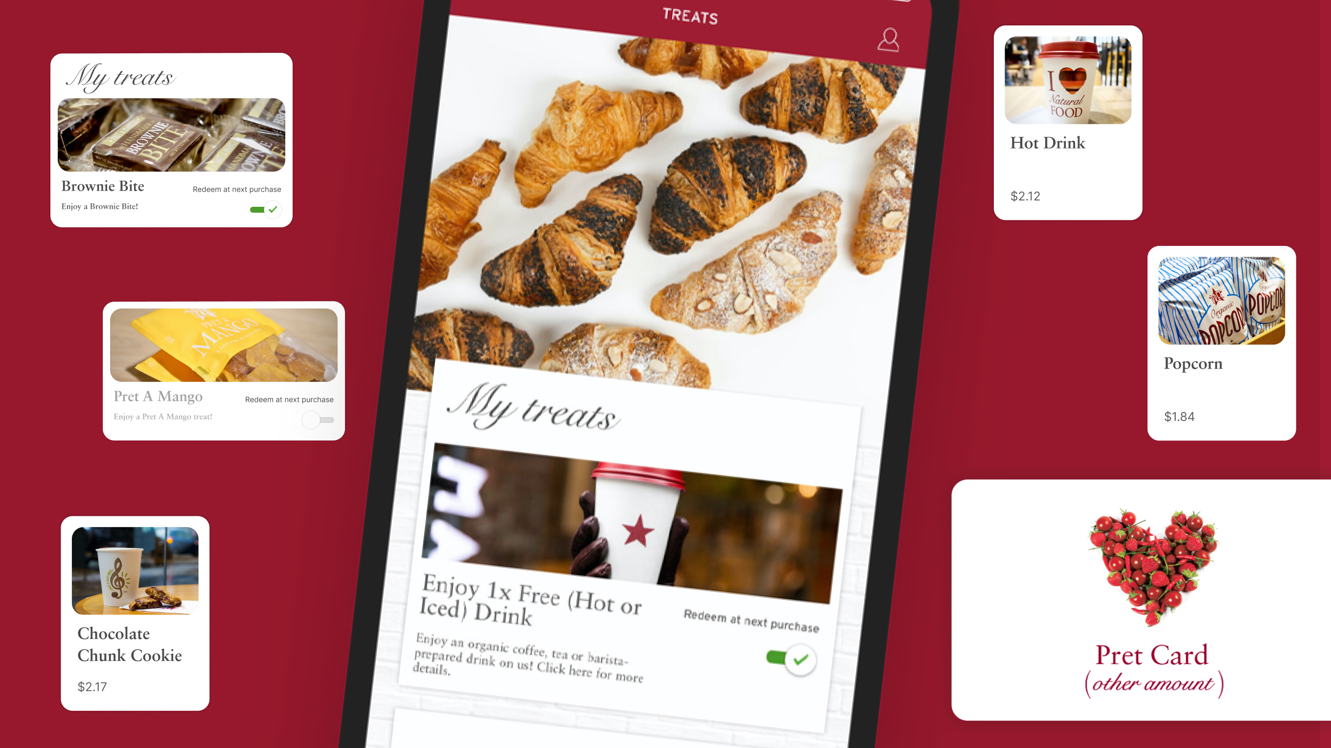 Mobile screen displaying a 'My treats' rewards interface with images and descriptions of treats like Brownie Bite, Pret A Mango, and a free hot or iced drink, surrounded by photos of a hot drink, popcorn, a chocolate chunk cookie, and a heart-shaped cherry tomato cluster.