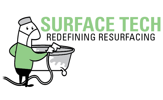 Illustration of a person using a hose and bucket next to text 'SURFACE TECH REDEFINING RESURFACING'.