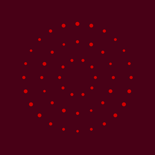 Red dots arranged in concentric circular patterns on a dark maroon background.