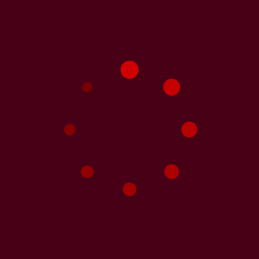 Loading circle with eight red dots pulsating in size on a dark red background.
