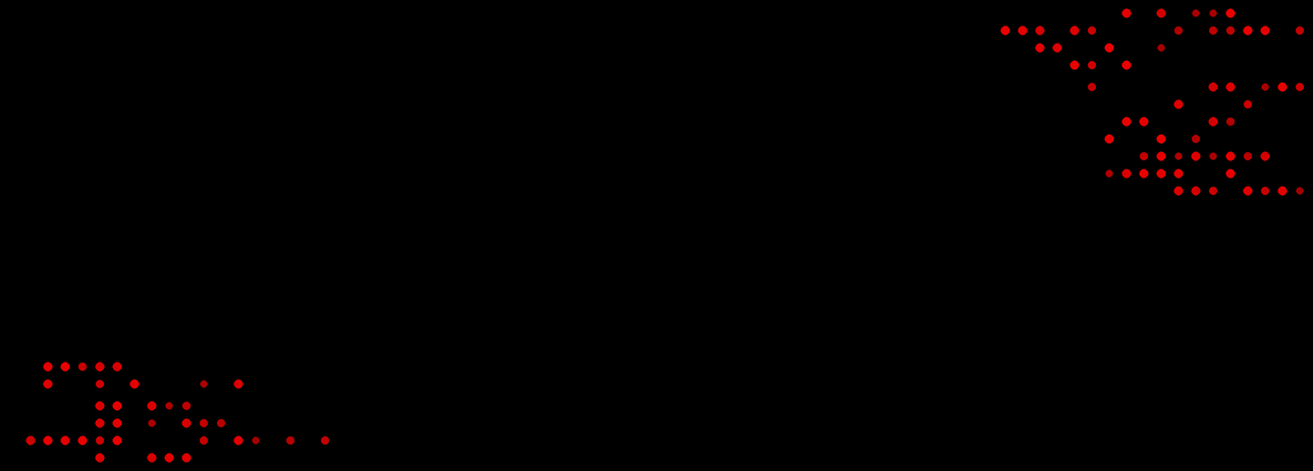 Black background with abstract red dotted patterns in upper right and lower left corners.