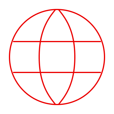Red outline of a globe with latitude and longitude lines on a black background.