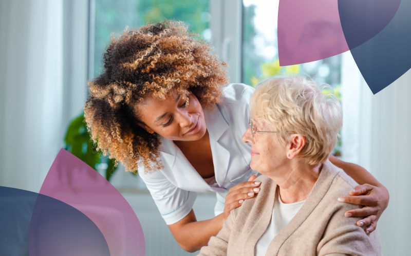 A nurse assists an elderly participant in her home, delivering personalised care and companionship in a warm and supportive environment.