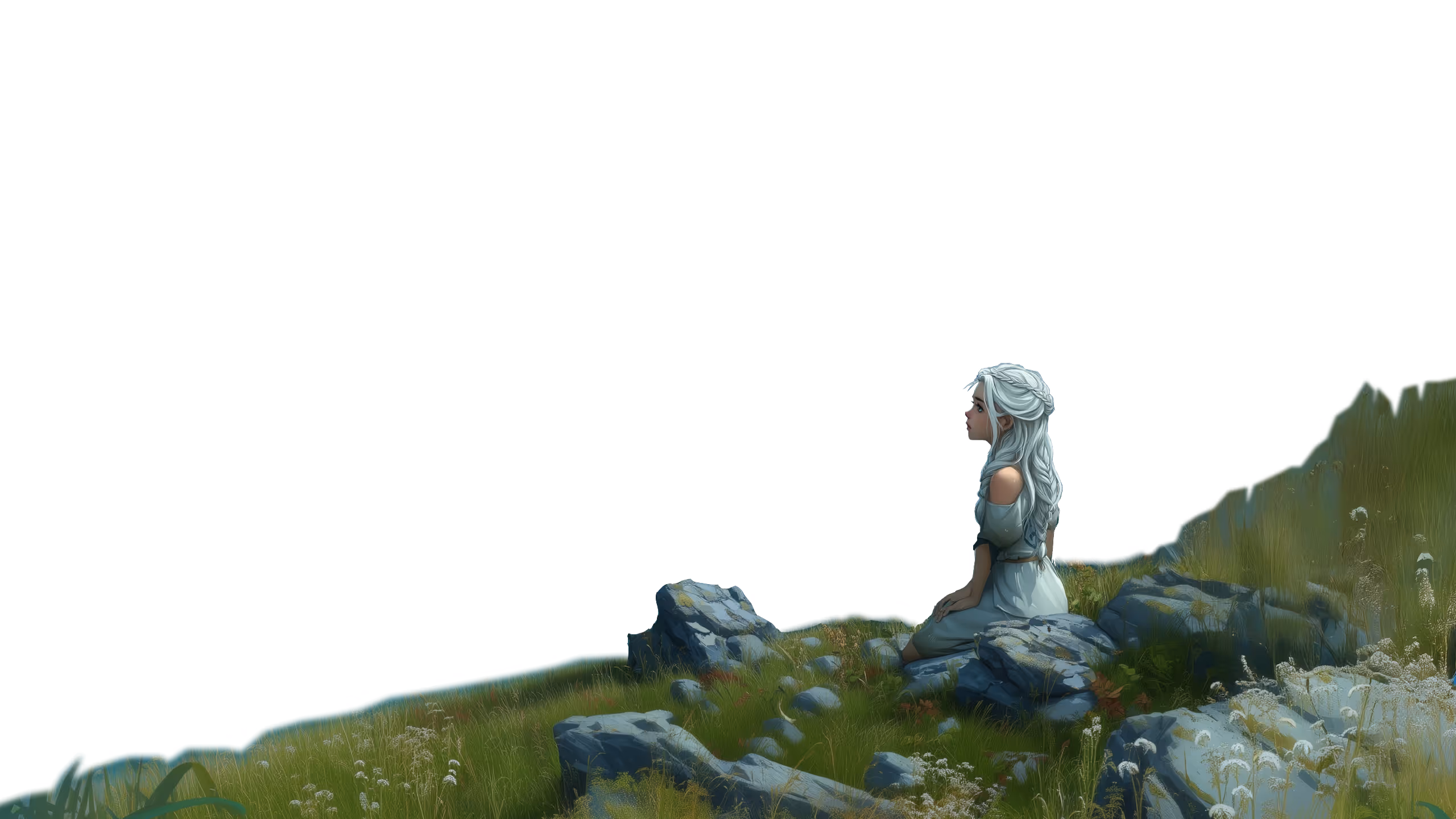 A white-haired woman in a light dress sits on rocky grassland, gazing at a distant island across a calm blue sea under a clear sky.