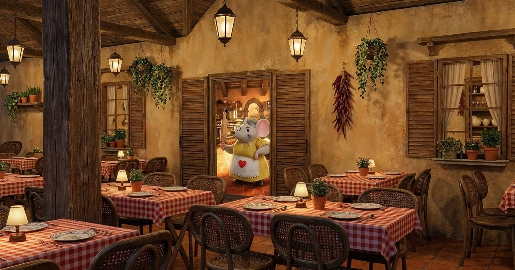 Cenografia digital da Famiglia Pierre em Gramado: cantina imersiva com telas integradas ao cenário | Chroma Garden