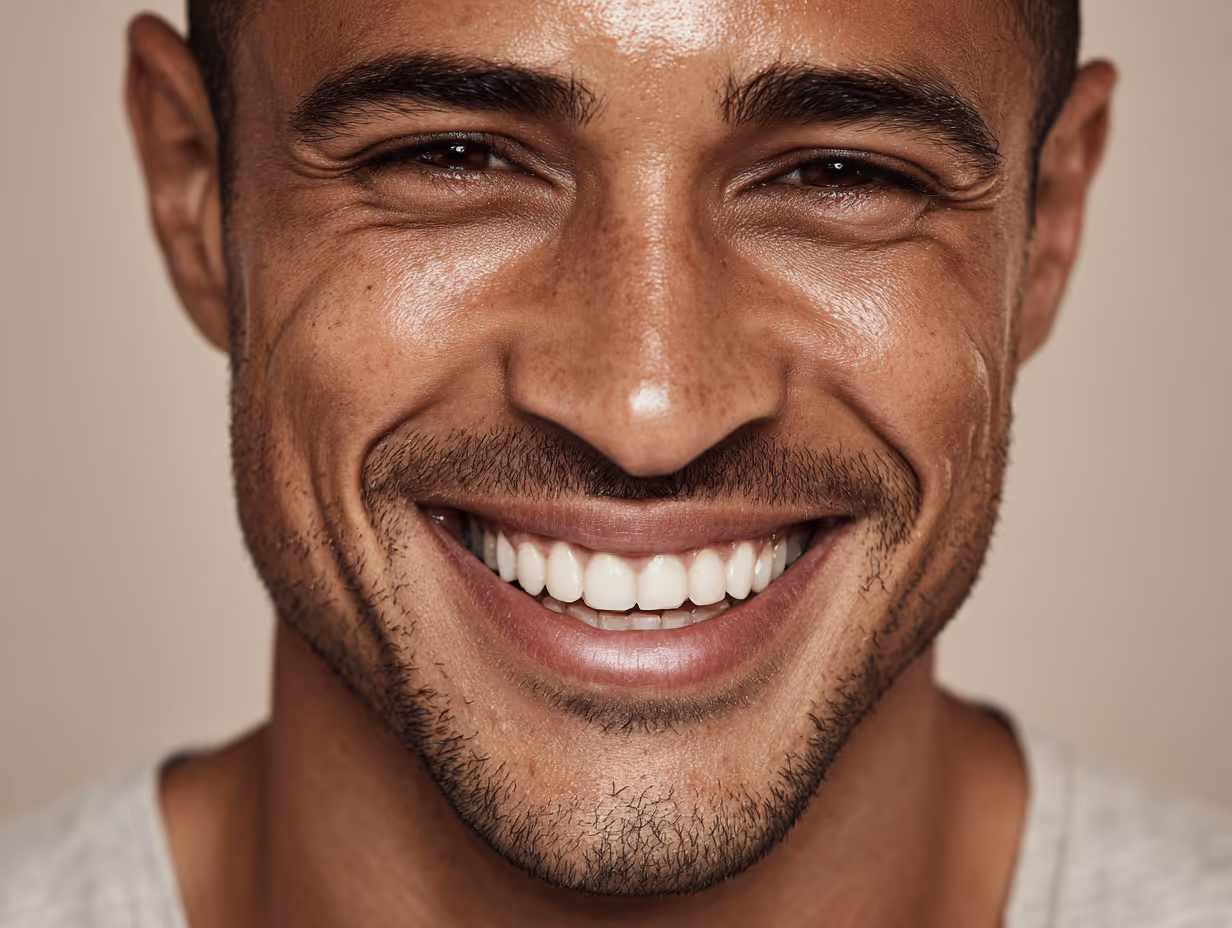 Close-up of a man with short facial hair smiling, showing white teeth and slightly squinting eyes.