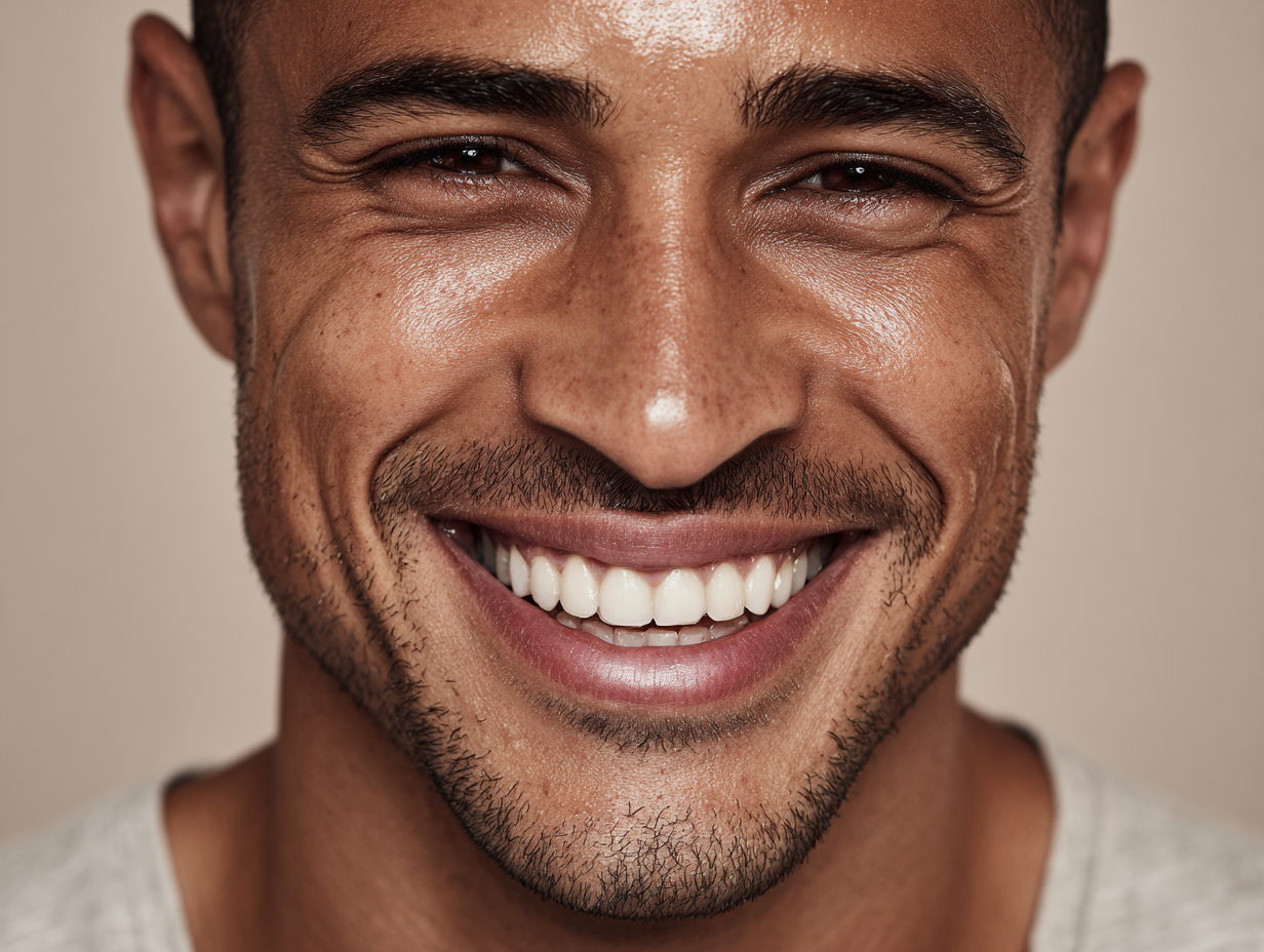 Close-up of a man with short facial hair smiling, showing white teeth and slightly squinting eyes.