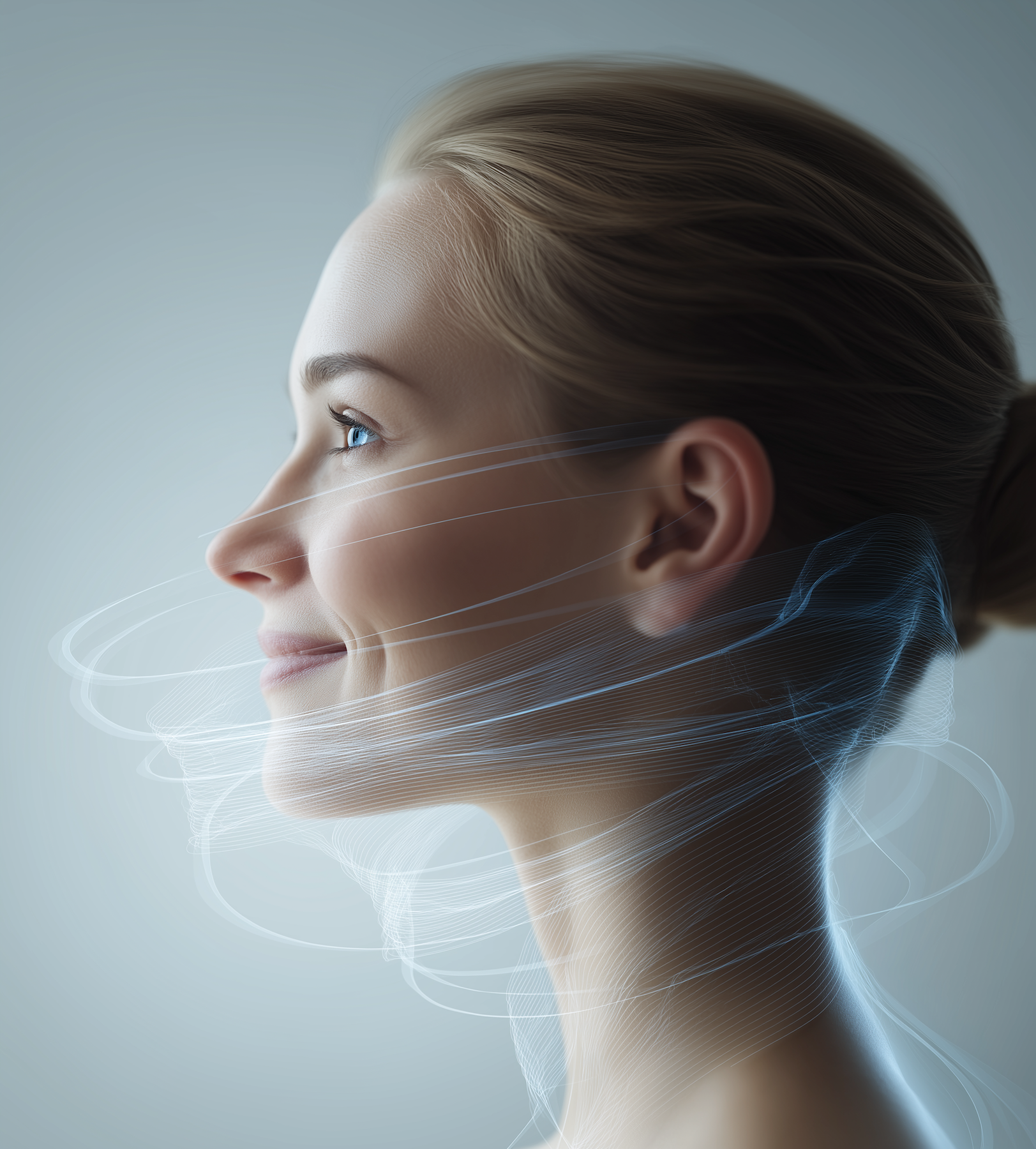 Profile of a smiling woman with blue eyes and hair tied back, surrounded by swirling translucent digital lines.