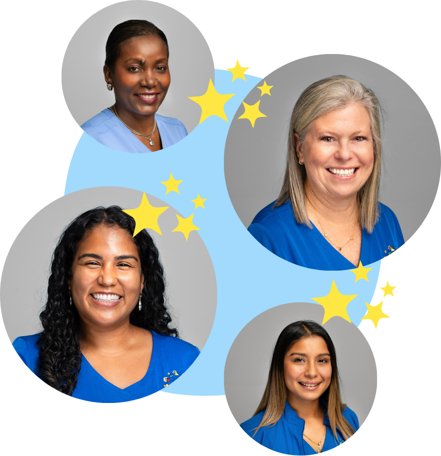 Four diverse smiling women wearing blue tops in circular frames with yellow stars on a light blue background.