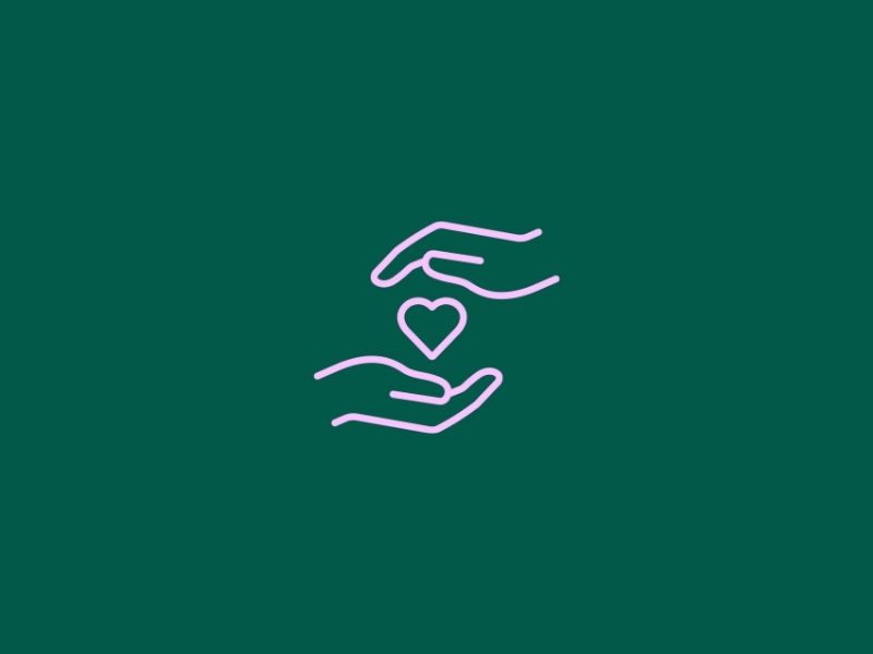 Two stylized hands surrounding a heart icon on a dark green background, symbolizing care or donation.