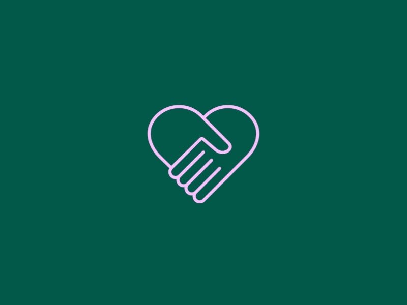 Icon of two hands forming a heart shape on a dark green background.