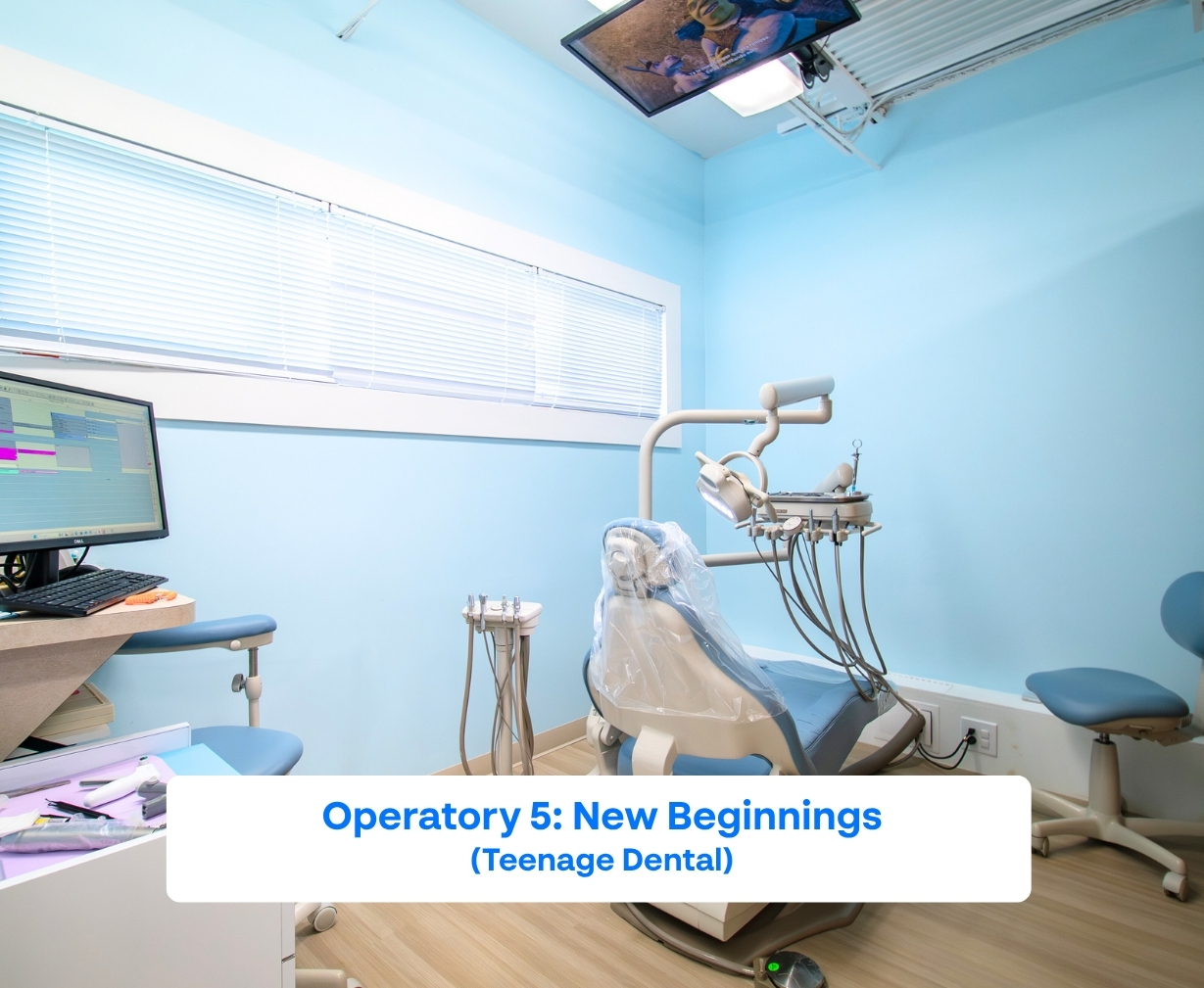Modern pediatric dental operatory with blue walls, dental chair, overhead light, and monitor displaying a movie.