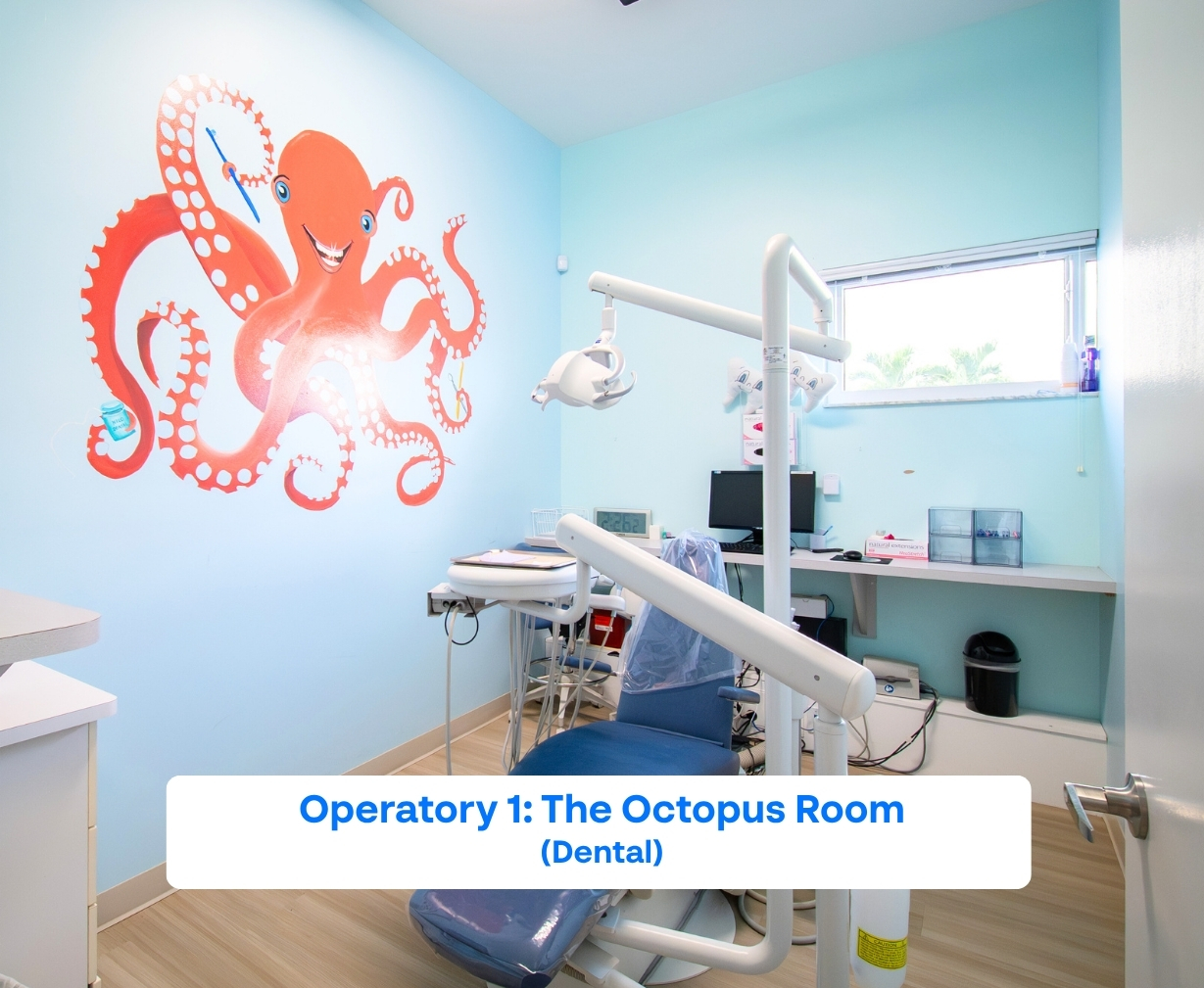 Bright dental operatory room with blue walls, a large cartoon octopus mural, and dental chair with equipment.