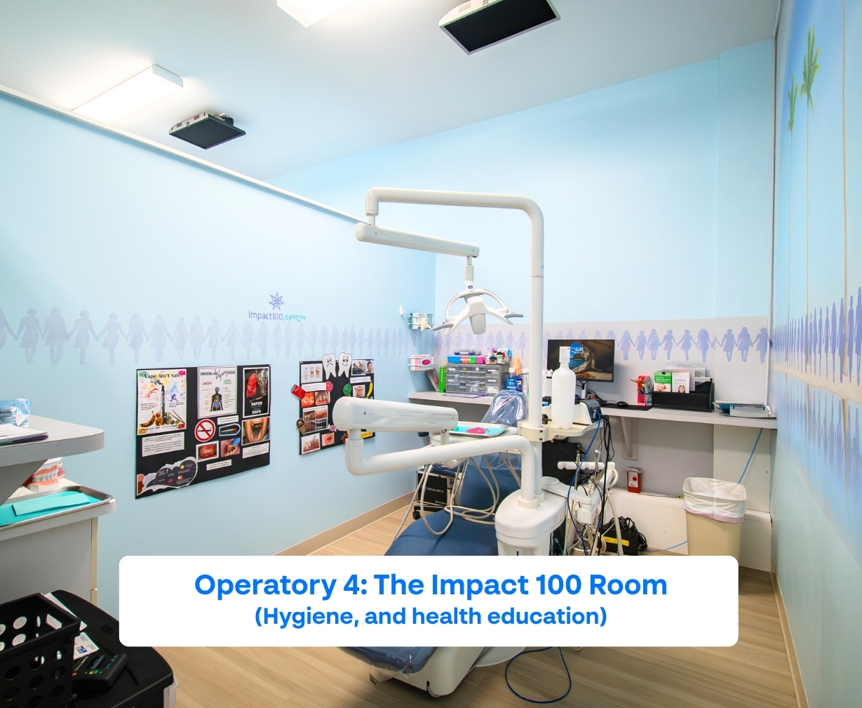 Pediatric dental operatory room with a dental chair, overhead light, educational posters on hygiene, and light blue walls decorated with silhouettes of people holding hands.