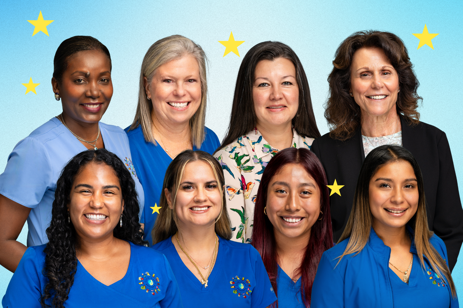 Group portrait of eight smiling women, five in blue medical scrubs and three in business attire, with yellow stars on a blue gradient background.