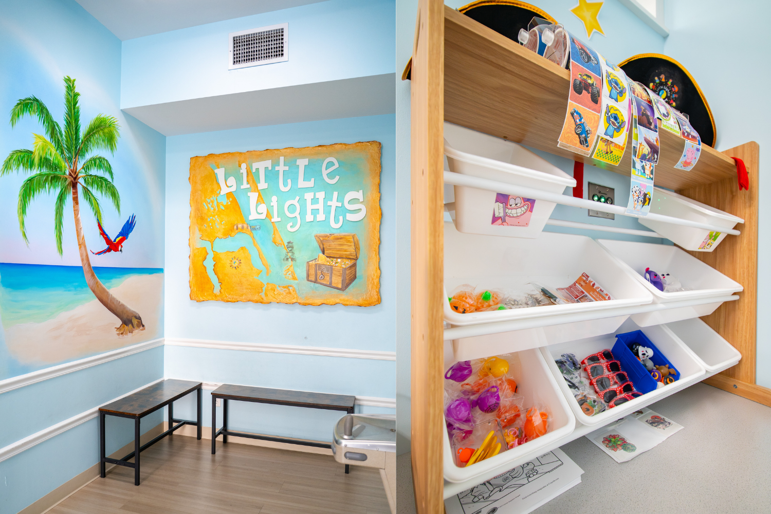 Children's playroom corner with a mural of a palm tree, parrot, and a treasure map labeled 'Little Lights', and a wooden shelf with bins containing toys and stickers.