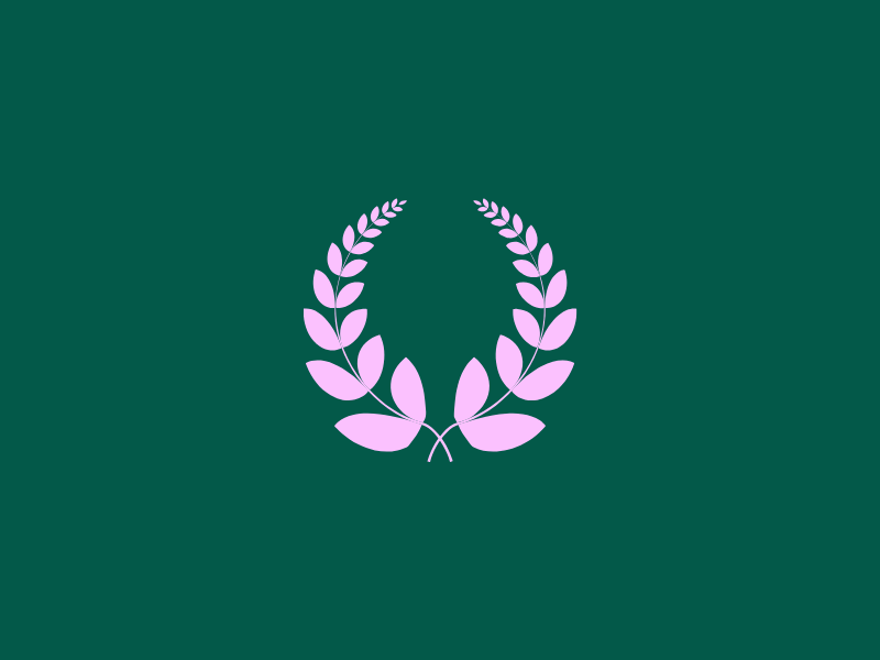 Pink laurel wreath icon centered on a dark green background.