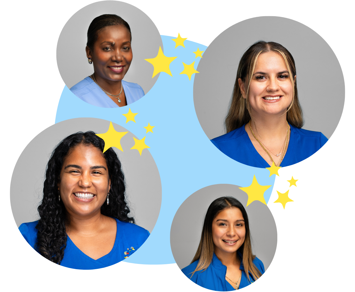 Four diverse smiling women wearing blue tops in circular frames with yellow stars on a light blue background.