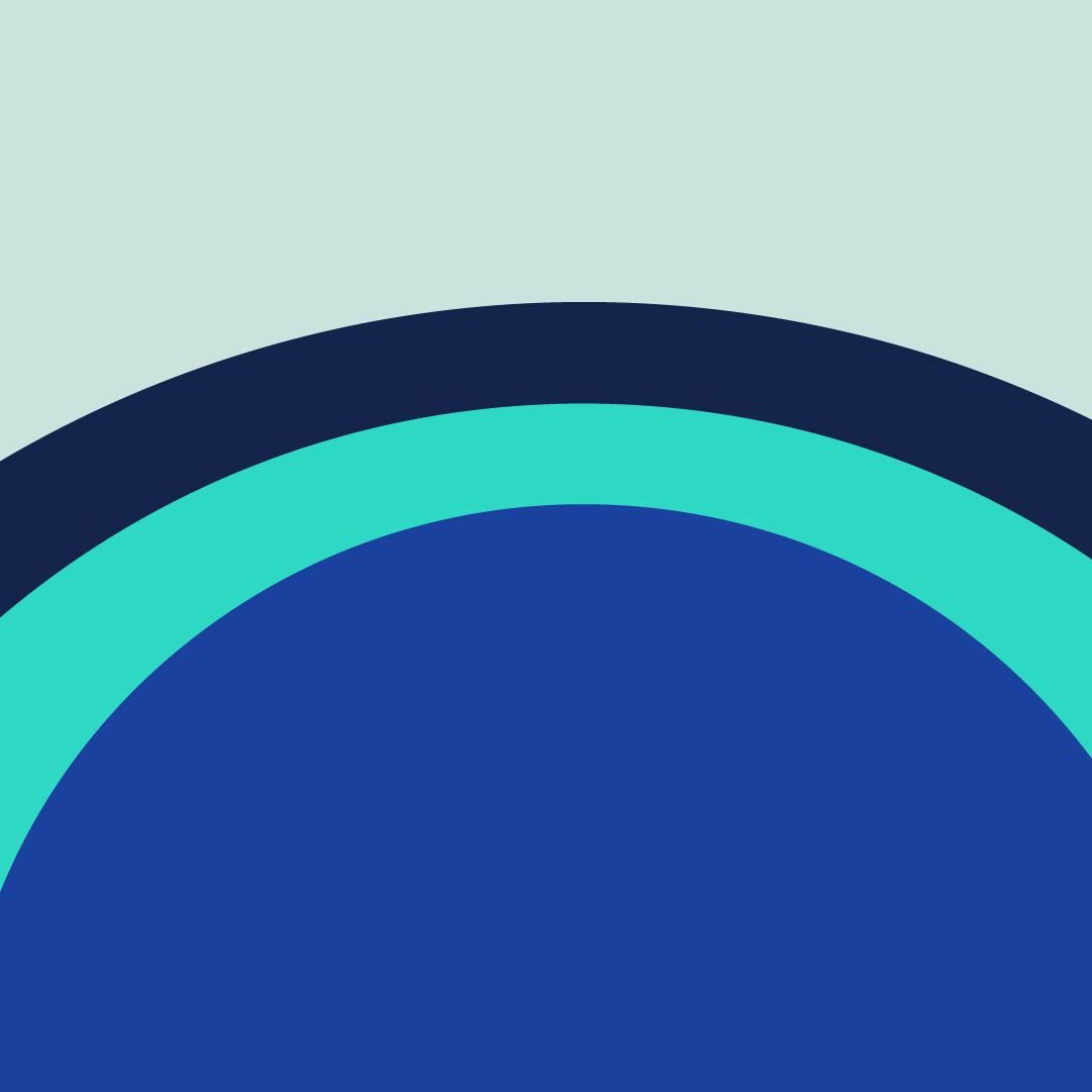 Abstract design of three overlapping arches in navy, teal, and royal blue on a light blue background.