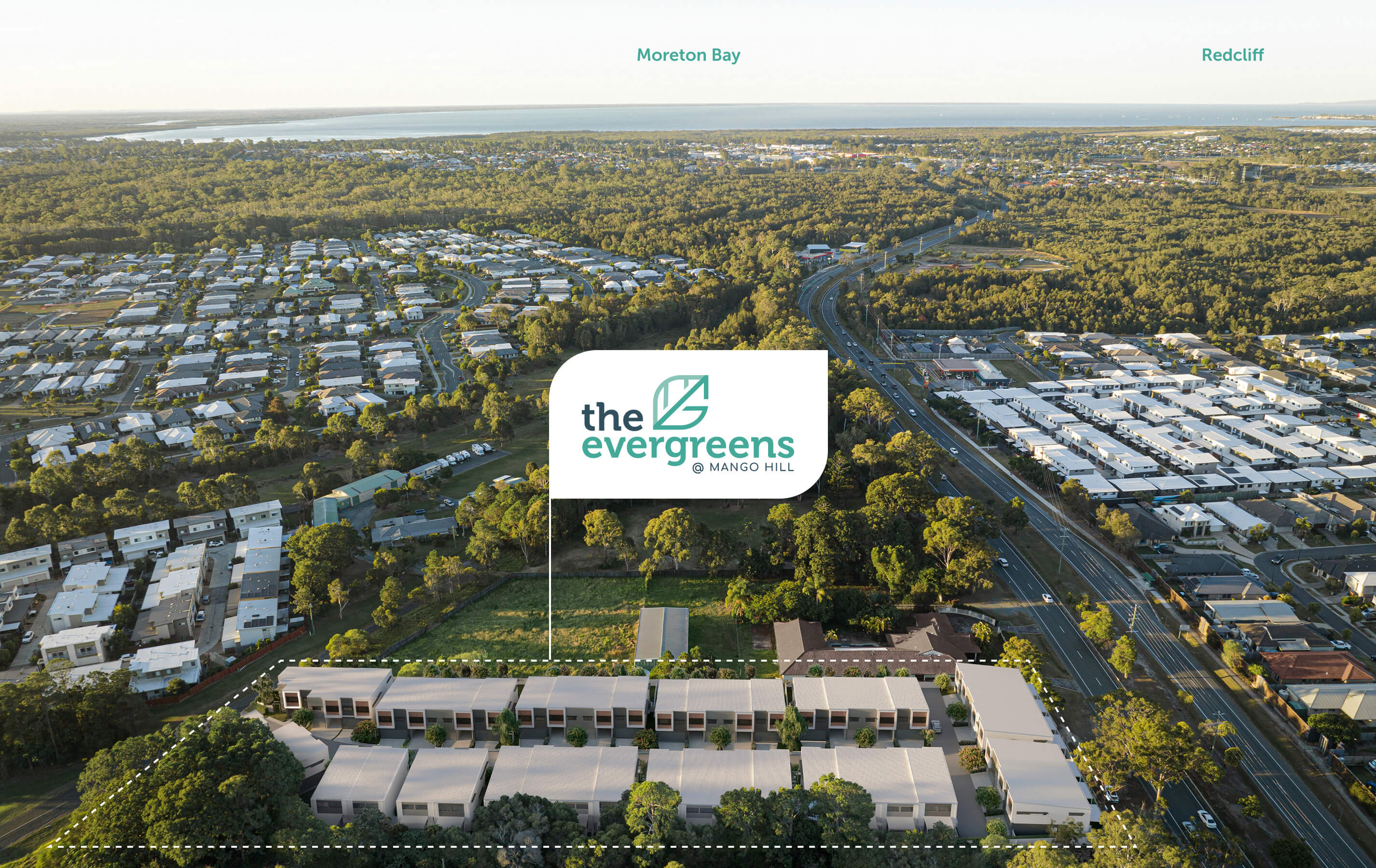 Aerial view of Mango Hill, showcasing residential areas, greenery, and the branding for "The Evergreens" community in Moreton Bay, Australia.